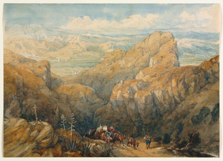 A mule caravan led by an Andalusian guide descends a rocky mountain pass into a vast sunlit plain; distant white villages and the Alhambra palace sit beneath a wide blue sky.