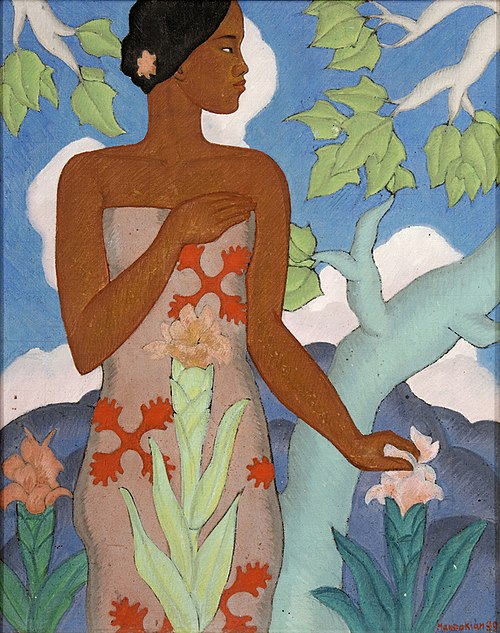 "Hawaiian Woman" by Arman Manookian (1929), depicting a young native Hawaiian woman standing against a stylized tropical landscape. She wears a brown garment decorated with red and green floral designs, with one hand across her chest and the other reaching out. The background features a pale blue tree, green leaves, distant mountains, and soft white clouds, rendered in bold, flat colors and simplified modernist forms.