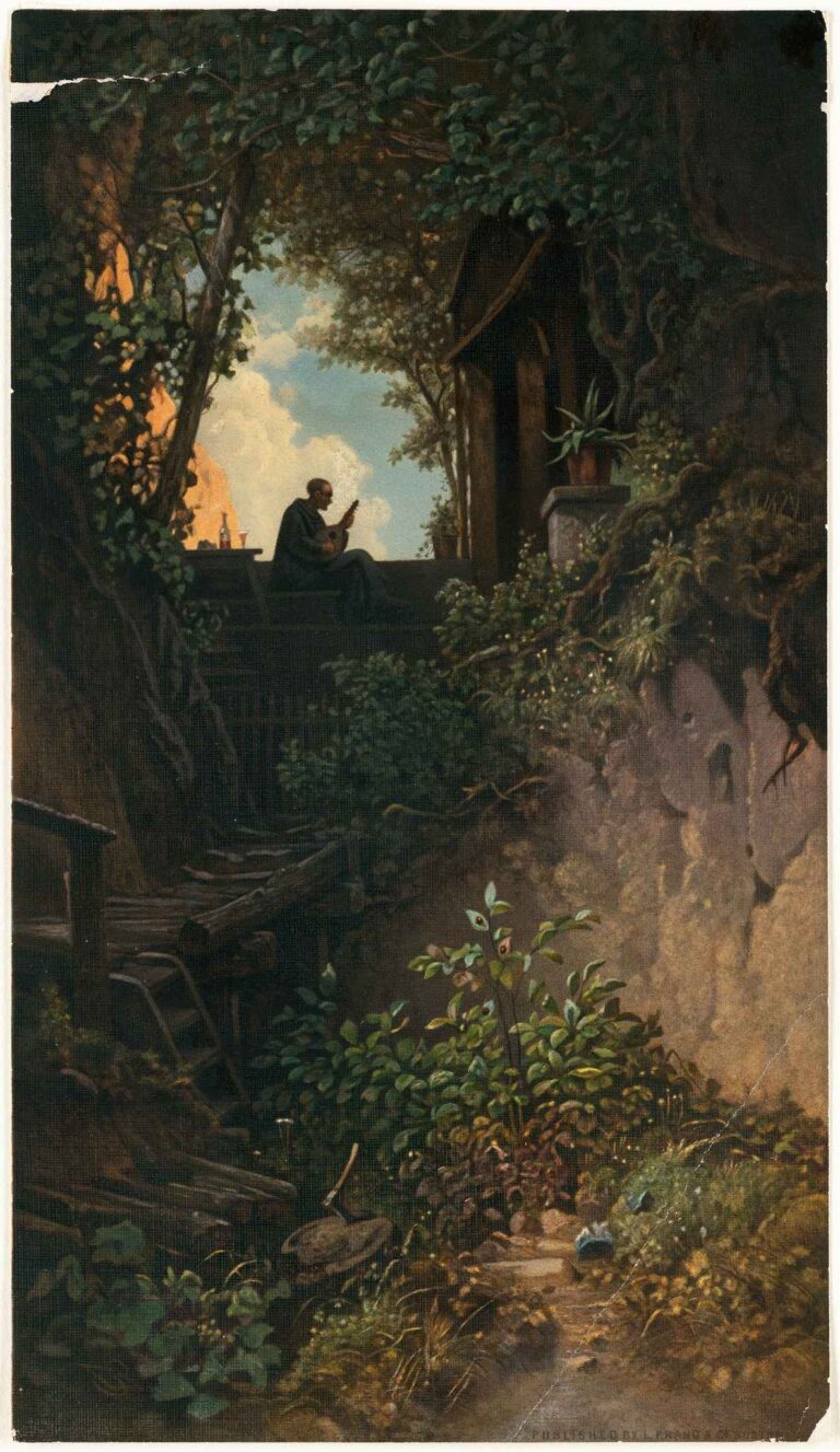 A tranquil painting by Carl Spitzweg showing a man seated in a forest clearing at sunset, playing a lute near old stone ruins, surrounded by rich foliage and soft golden light.