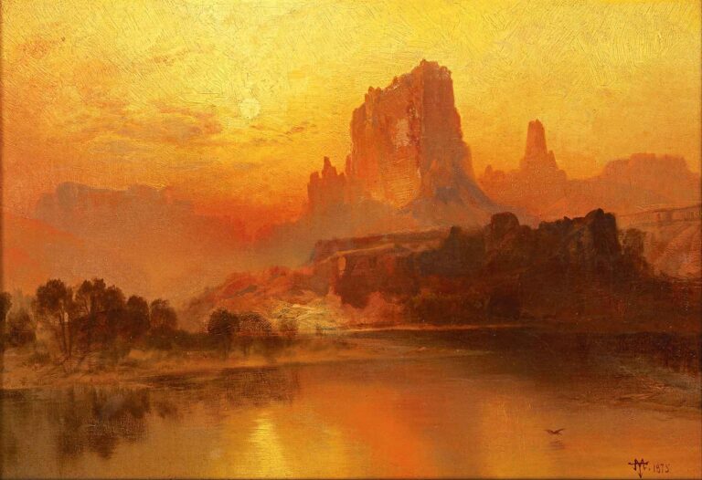 A vast canyon at sunset, painted in luminous golds and oranges, with jagged cliffs and reflective river, capturing the radiant glow of Thomas Moran’s The Golden Hour.
