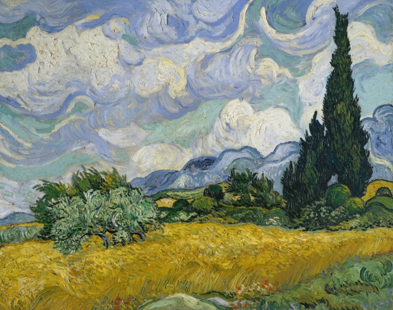 Wheat Field with Cypresses by Vincent van Gogh – swirling sky, golden wheat field, and dark green cypress trees in expressive brushstrokes.