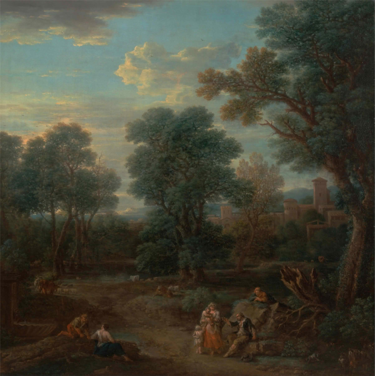 John Wootton's "Classical Landscape: Morning" showing a peaceful pastoral scene with large trees, distant classical buildings, a family group in the foreground, and soft morning light illuminating the countryside.