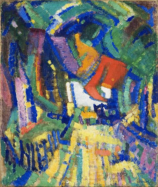Village Street in the Sun (1912) by Samuel Schwarz, depicting an abstracted village scene with vibrant brushstrokes and bold colors including greens, blues, yellows, and reds, capturing sunlight’s energy through Fauvist, Post-Impressionist, and Expressionist influences.