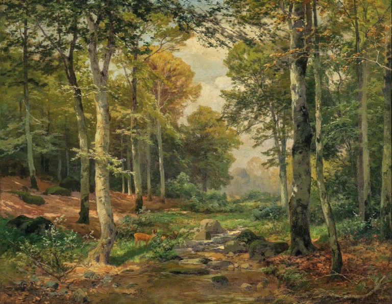 Sunlit forest painting by Heinrich Böhmer featuring a peaceful stream, tall birch trees, and a hidden roe deer amid glowing foliage.