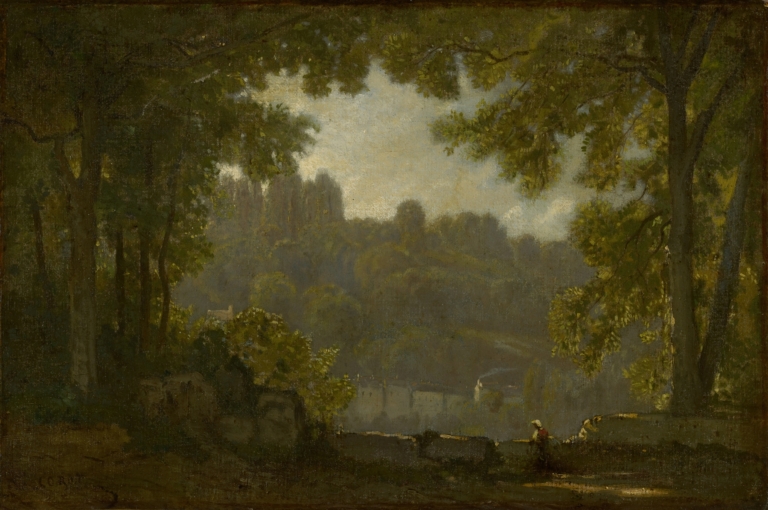 Jean-Baptiste-Camille Corot's "Forest Landscape" depicting a serene wooded scene with soft atmospheric light, a distant village, and a solitary figure under towering trees.