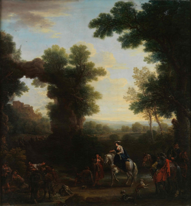 John Wootton's "Classical Landscape with Gypsies" showing a nobleman on horseback engaging with a gypsy group in a wooded classical landscape with distant architecture, horses, dogs, and rich morning light.
