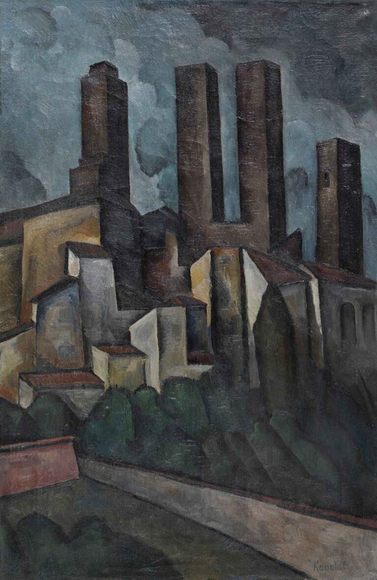 A Cubist-influenced 1916 painting by Alexander Kanoldt showing the Tuscan town of San Gimignano with tall, dark towers and simplified geometric buildings under a moody, clouded sky.