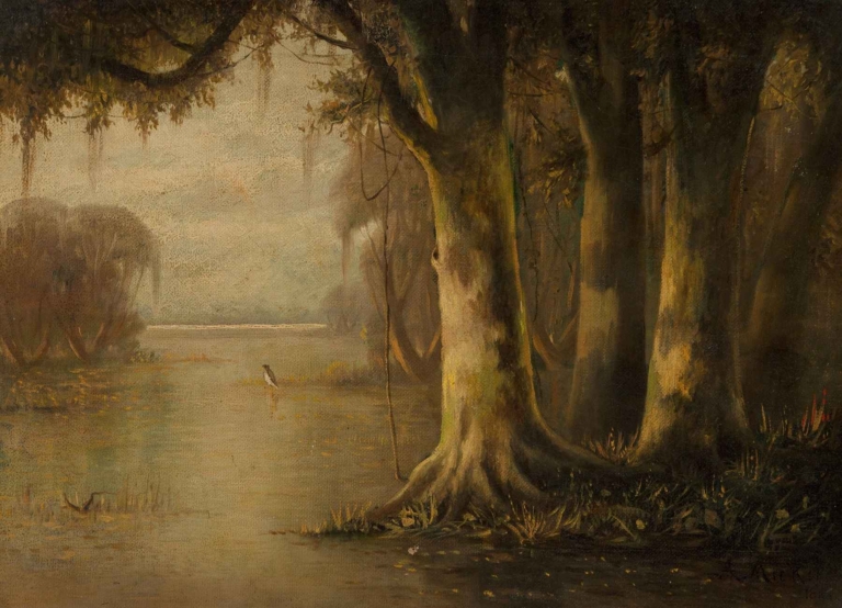 Near the Tombigbee River painting by Joseph Rusling Meeker – a misty Southern swamp scene with tall cypress trees, reflective water, and a solitary white heron in golden light.