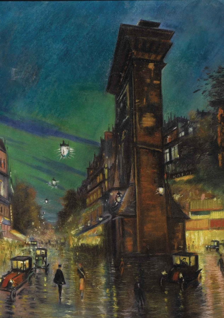 Cityscape by Konstantin Alexeevich Korovin, vibrant urban night scene with electric lights, tall buildings, and wet reflective streets in early modern cityscape.