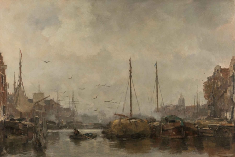 Cityscape by Jacob Maris – 19th-century atmospheric painting of Dutch harbor with boats, fog, and birds.