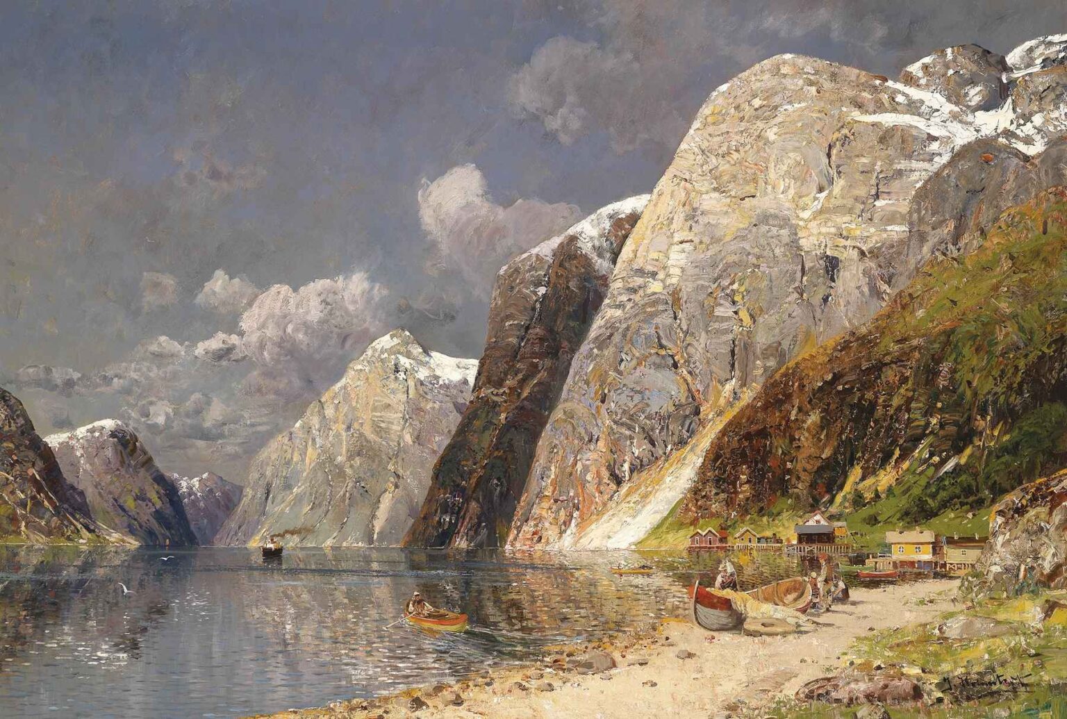 A majestic landscape painting by Karl Kaufmann showing a Norwegian fjord with snow-capped cliffs, calm reflective waters, fishing boats, and a small coastal village under a dramatic sky.
