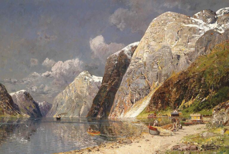 A majestic landscape painting by Karl Kaufmann showing a Norwegian fjord with snow-capped cliffs, calm reflective waters, fishing boats, and a small coastal village under a dramatic sky.