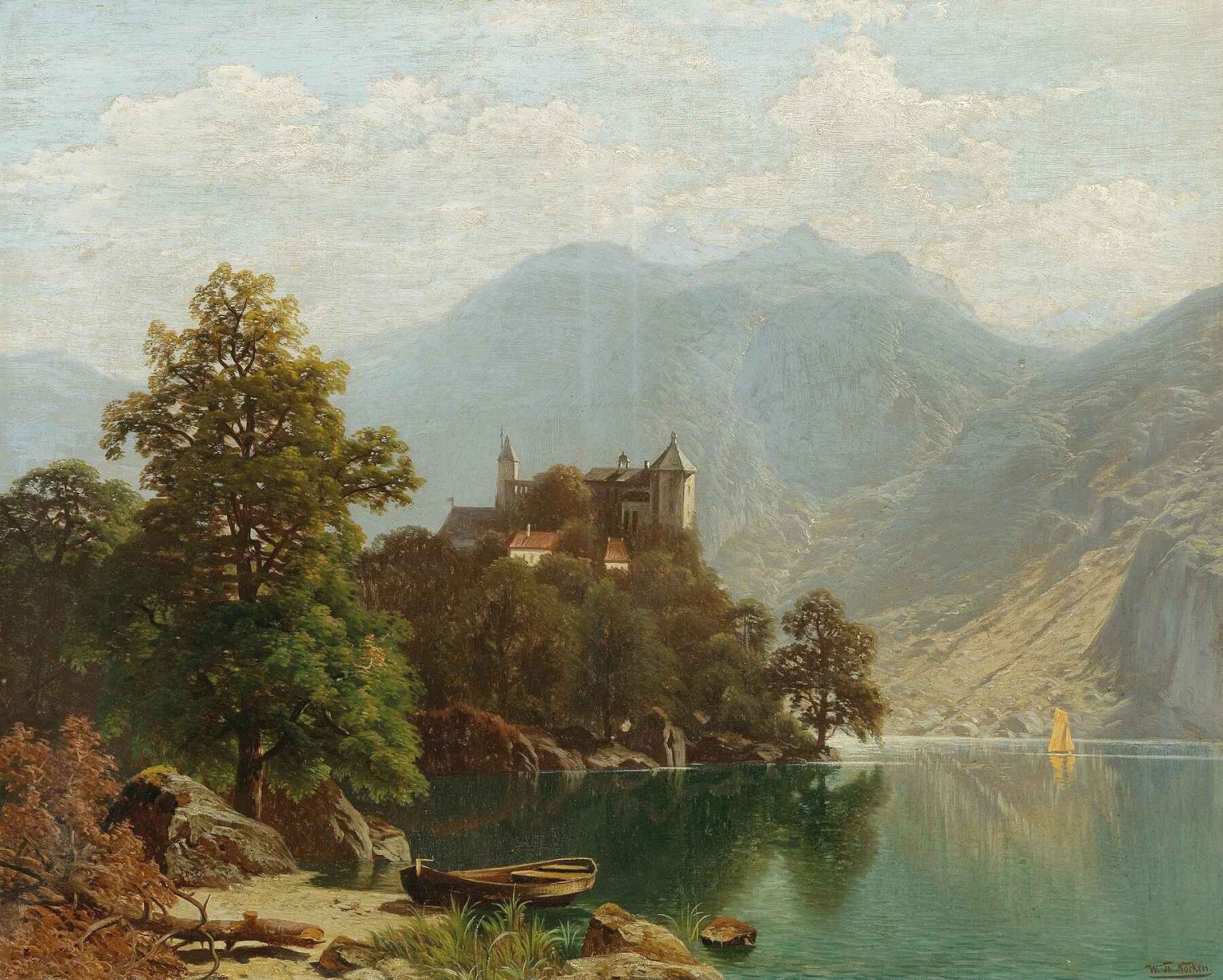 Theodor Nocken’s "Alpine Lake Scene" showing a serene alpine lake with boats, a forested hill crowned by a castle, towering mountain peaks in the background, and a sailboat on still waters under soft light.