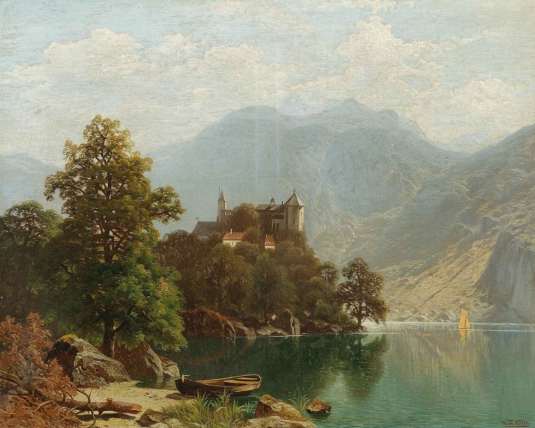 Theodor Nocken’s "Alpine Lake Scene" showing a serene alpine lake with boats, a forested hill crowned by a castle, towering mountain peaks in the background, and a sailboat on still waters under soft light.