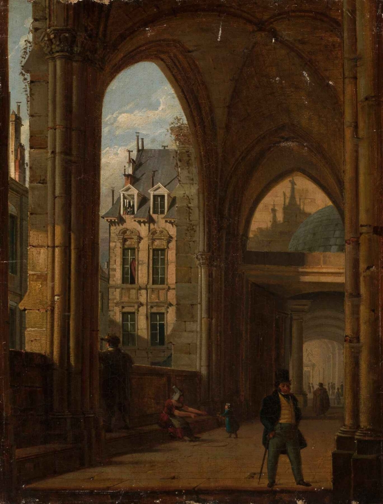 Marcin Zaleski’s "Arcades with the View of the City" showing a grand gothic arcade opening onto a bustling European cityscape, with elegant architecture, stone pillars, and figures engaged in daily urban life.