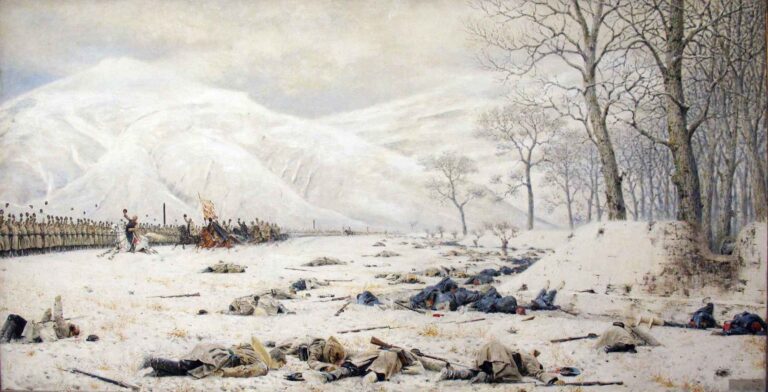 A vast snow-covered battlefield under a gray sky, strewn with fallen soldiers and rifles in the foreground, while lines of living troops advance on the distant horizon beneath bare trees.