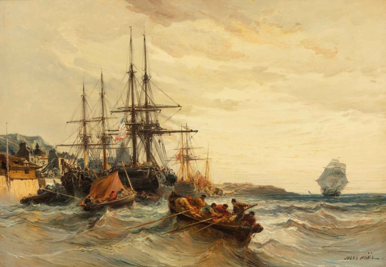 Jules-Achille Noël’s "Marine with Boats in Port" showing a bustling harbor with rowing boats, tall ships, dockworkers, and a distant ship under a luminous coastal sky.