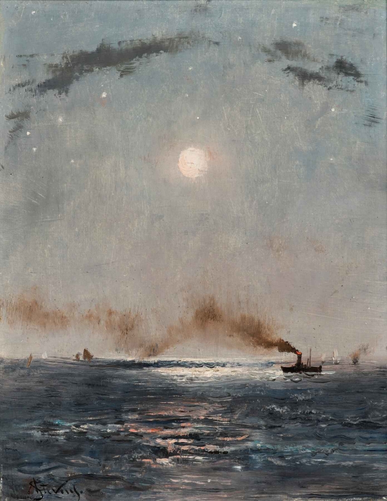 Alfred Stevens' "Marine de nuit" depicting a moonlit sea with calm waves, a small steamboat emitting smoke, scattered stars, and subtle reflections under the night sky.