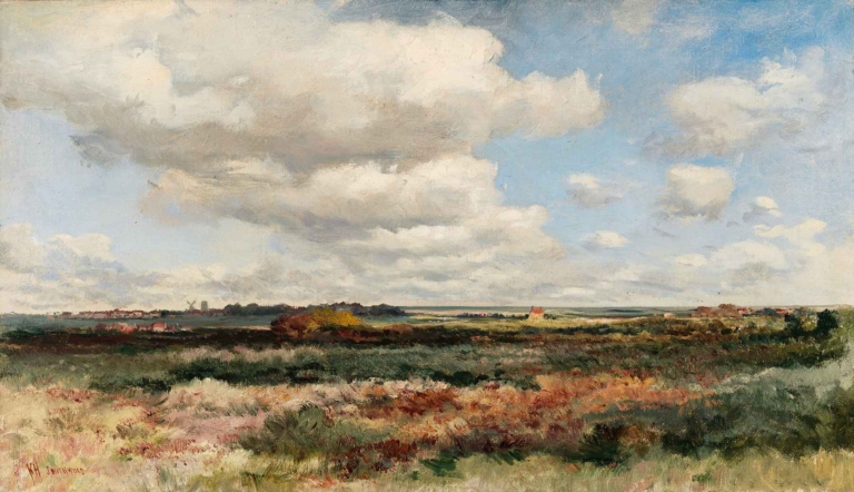 Landscape near Southwold by Keeley Halswelle – expansive English countryside with open heathland, village buildings, and a cloud-filled blue sky.
