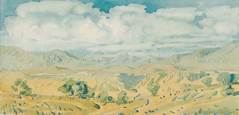 Crimean Landscape by Maksimilian Voloshin – watercolor of rolling ochre hills, blue sky, distant mountains, and sparse trees in stylized, poetic form (1923).