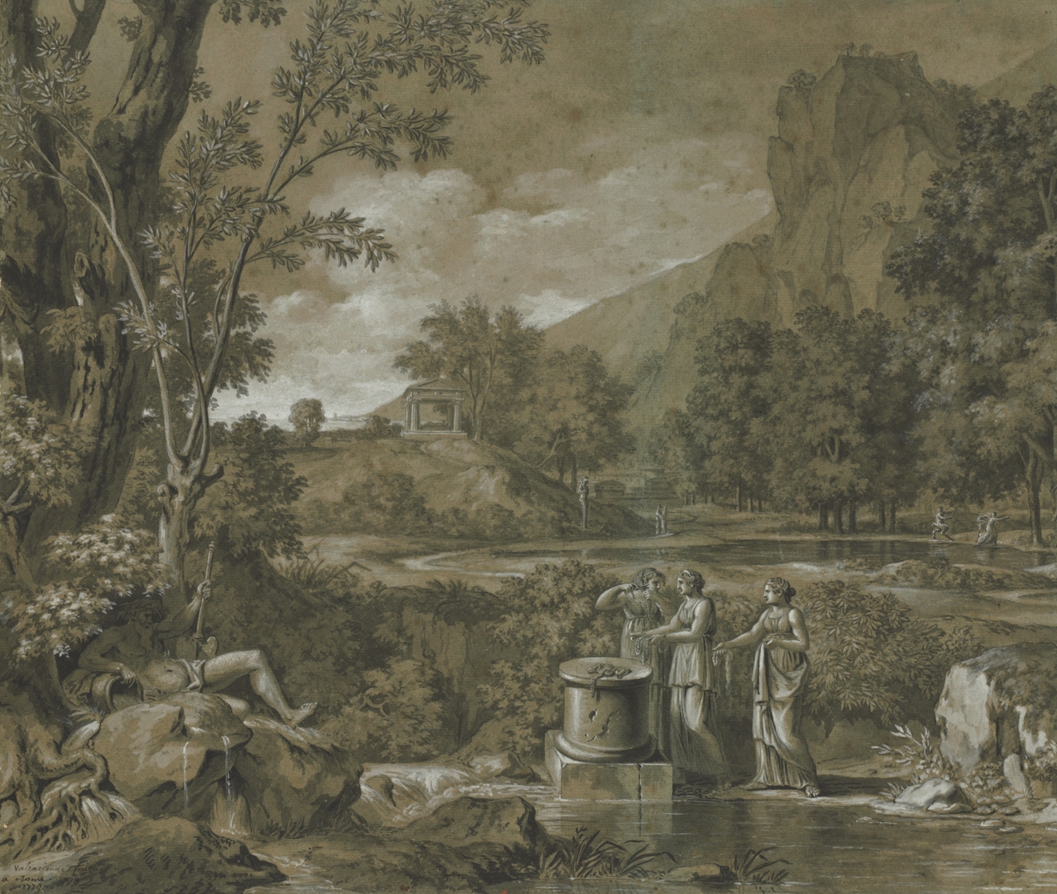 Pierre-Henri de Valenciennes' "Classical Landscape" depicting an idealized ancient setting with classical figures, trees, cliffs, and a distant temple, rendered in muted tones with precise composition.