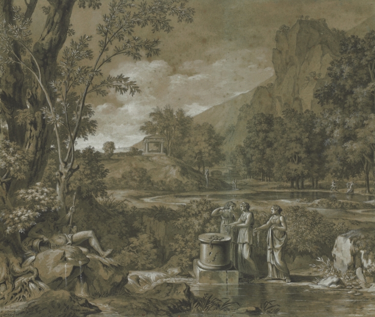 Pierre-Henri de Valenciennes' "Classical Landscape" depicting an idealized ancient setting with classical figures, trees, cliffs, and a distant temple, rendered in muted tones with precise composition.