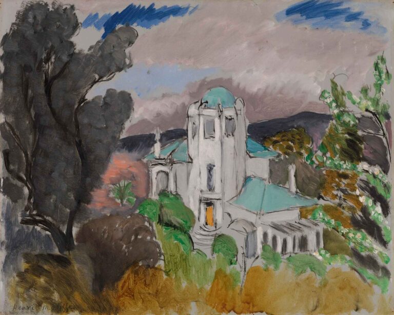 Blue Villa by Henri Matisse (1918): a stylized Mediterranean villa with aquamarine domed roofs and white façades, nestled among ochre grasses and green shrubs, framed by dark trees on the left and pale gray-blue sky overhead.