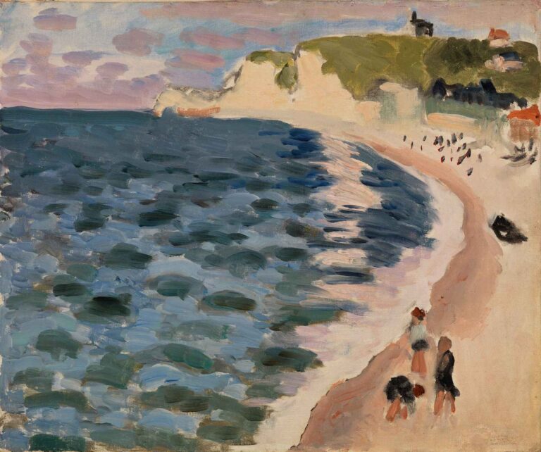 High Tide by Henri Matisse (1920): a sweeping curve of sandy shoreline meets a restless sea rendered in blue-green strokes, backed by white chalk cliffs topped with green grass under a lavender-pink sky.