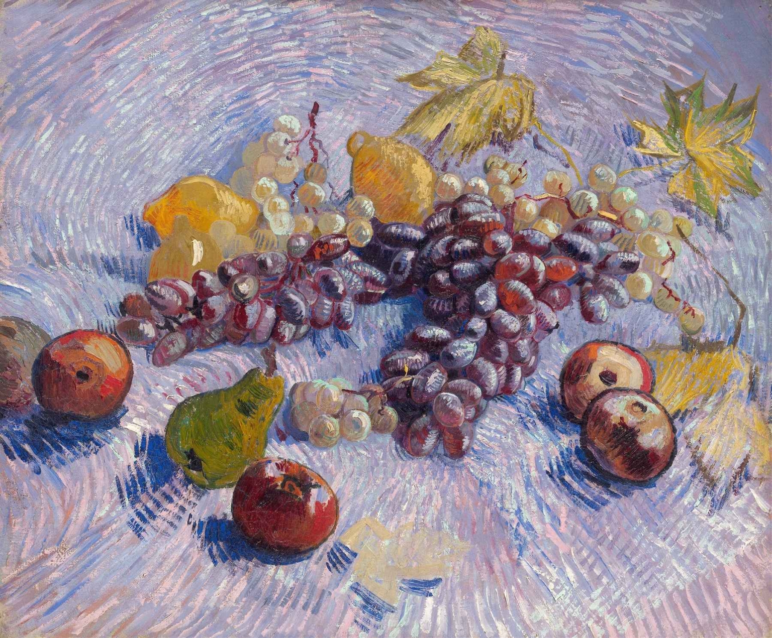 Still Life with Apples, Pears, Lemons and Grapes by Vincent van Gogh – expressive still life with swirling violet tablecloth and vivid fruit, painted in 1887.