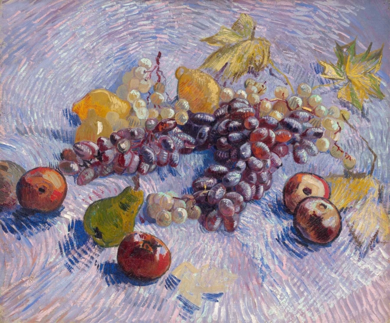 Still Life with Apples, Pears, Lemons and Grapes by Vincent van Gogh – expressive still life with swirling violet tablecloth and vivid fruit, painted in 1887.