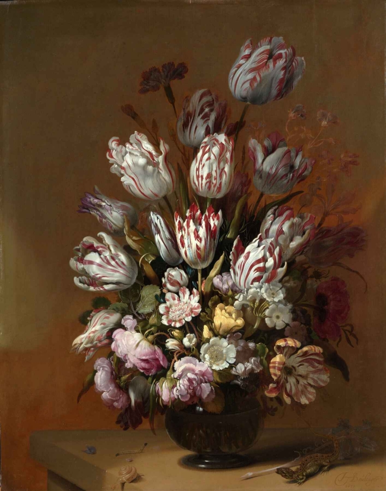 Hans Bollongier’s "Floral Still Life" showing a vibrant bouquet of red-and-white tulips, peonies, and roses in a dark vase, with a lizard, snail, and fallen petals on a stone ledge against a warm brown background.