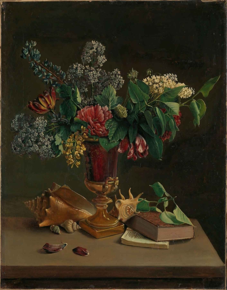 Still Life with Flowers by Knud Bergslien, detailed still life featuring flowers, shells, and books in rich 19th-century realism.