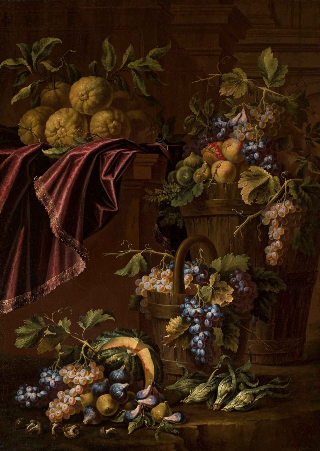 Still Life by Christian Berentz – Baroque still life with grapes, figs, citrus fruits, velvet cloth, and wooden barrels, painted with dramatic lighting and rich textures.