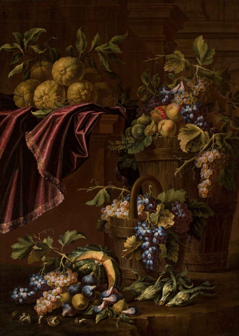 Still Life by Christian Berentz – Baroque still life with grapes, figs, citrus fruits, velvet cloth, and wooden barrels, painted with dramatic lighting and rich textures.