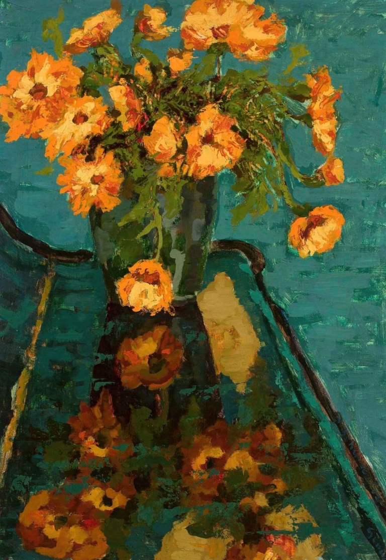Bouquet of Camomiles and a Piano by Jan Bohuszewicz, expressive post-impressionist still life with yellow flowers and reflection on a piano.