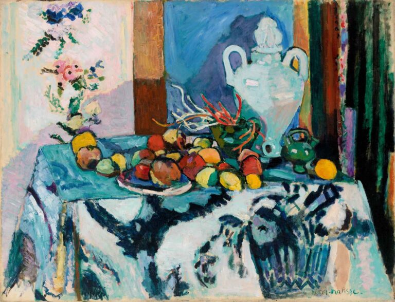 Blue Still Life by Henri Matisse (1907): a still life on a blue-patterned tablecloth holding apples, lemons, a green bowl of red-tipped stems, and a pale turquoise urn against a backdrop of floral textile and vertical stripes.