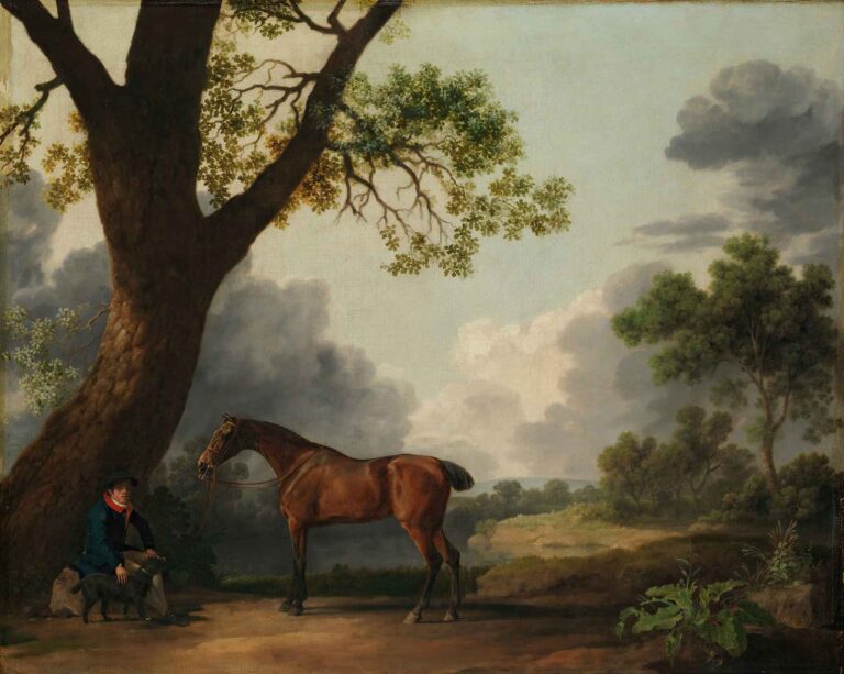 In a sunlit clearing beneath a large oak, a polished chestnut hunter stands alert beside its groom—kneeling in dark coat beside a small hound—against rolling fields and a cloud-streaked sky.