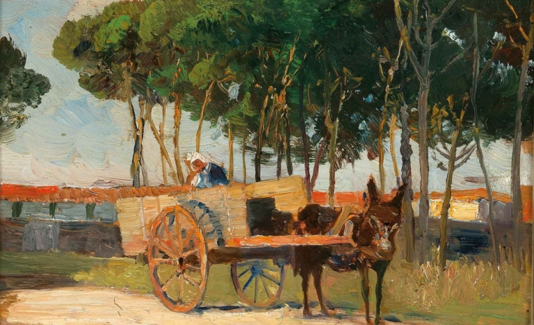 A Donkey Cart in a Southern Landscape by Marie Egner – impressionistic rural scene with donkey cart, woman, and trees under blue sky.