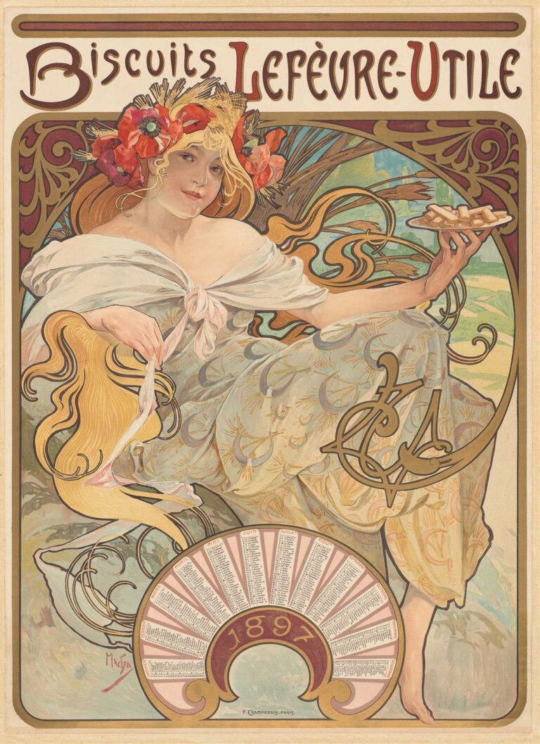 Art Nouveau poster: a young woman crowned with poppies and wheat holds a plate of rectangular biscuits, her golden hair and draped gown woven through stylized stalks and vines, with “Biscuits Lefèvre-Utile” lettering above and a fan-shaped 1897 calendar below.