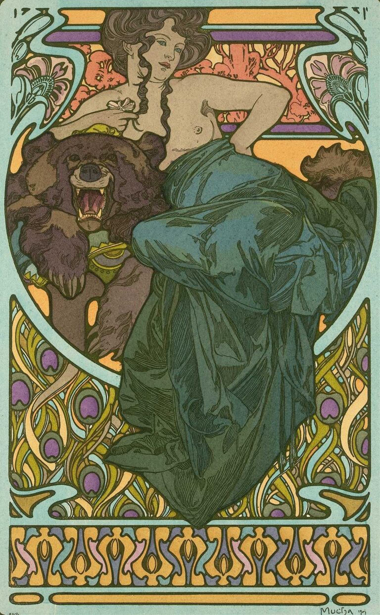 Art Nouveau lithograph showing a semi-reclining woman with long, dark wavy hair, partially draped in green fabric, framed by an arch of swirling vines and peacock-feather patterns, all rendered in muted blues, greens, and terra-cotta tones.
