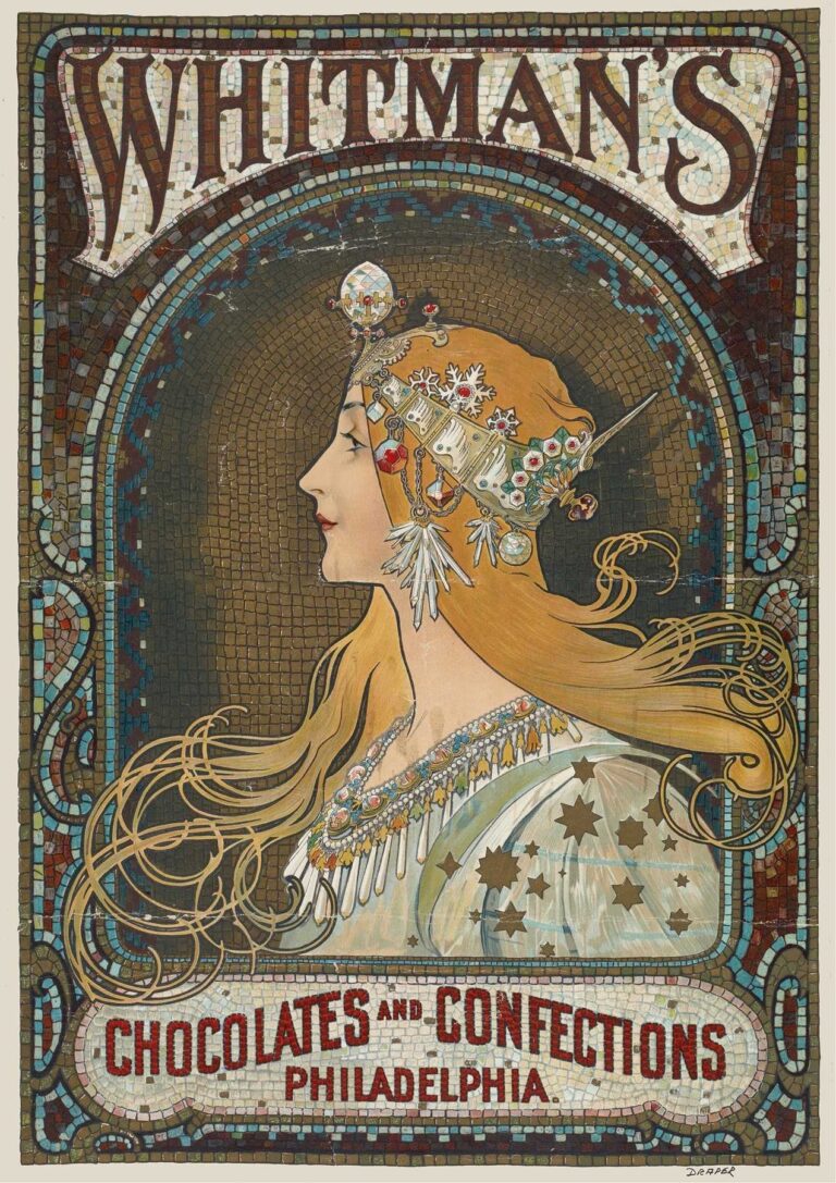 Art Nouveau poster showing a left-facing woman with long flowing hair and an ornate jeweled headdress, framed by a mosaic-tile arch; the words “WHITMAN’S” appear above and “Chocolates and Confections • Philadelphia” below.