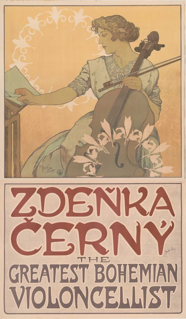 Art Nouveau poster by Alphonse Mucha: a three-quarter portrait of a poised woman holding a cello, surrounded by a circular wreath of stylized lilies and folk-inspired geometric borders, with her name “Zdeňka Černý” and subtitle “The Greatest Bohemian Violoncellist” in large decorative type.