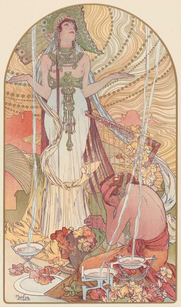 Art Nouveau poster showing a tall, draped woman crowned with peacock feathers and a circular halo, arms outstretched in ritual invocation; below her, a bare-chested man weaves ribbons around a lyre beside smoking bowls, surrounded by sinuous vines and starry swirls.