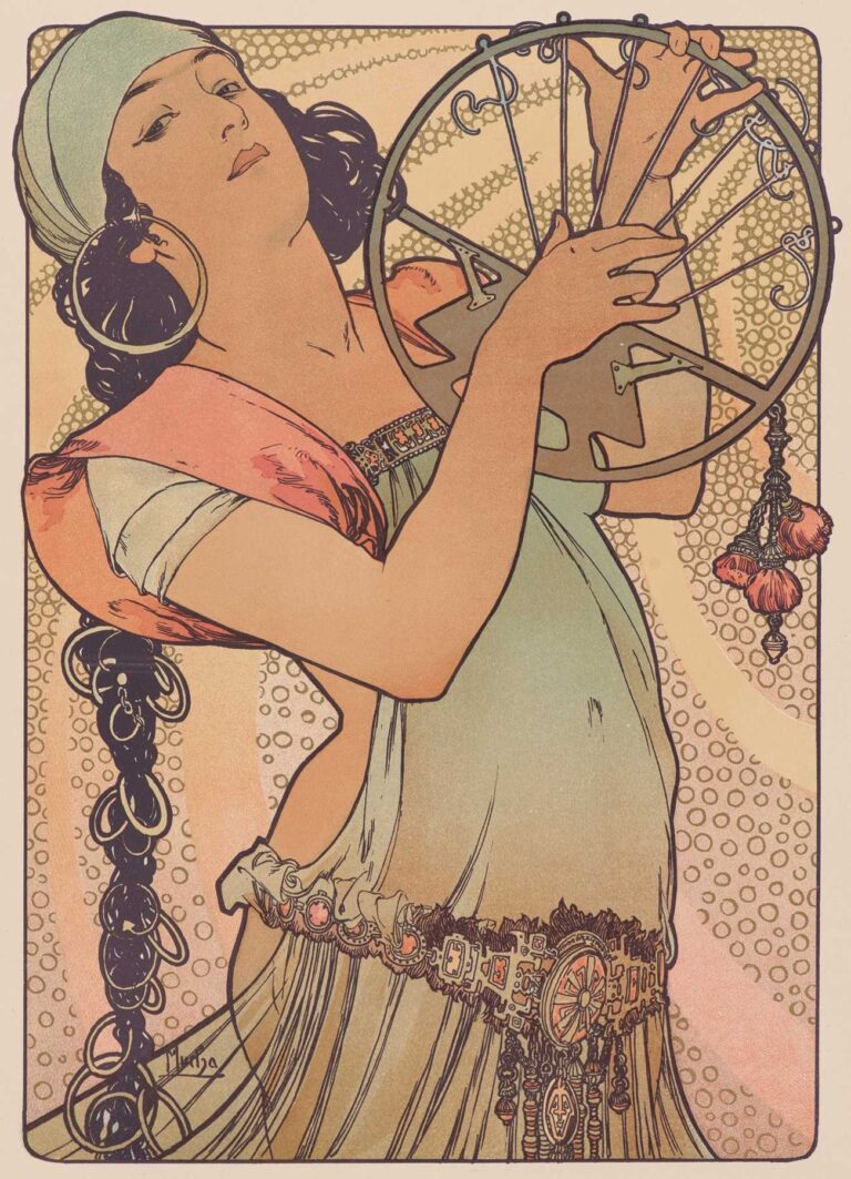 Art Nouveau lithograph of Salomé: a regal young woman with dark hair and a wreath of red poppies and white flowers, draped in pale green and pink robes, lifting a round platter bearing the letters “S A L O M É,” set against a patterned background of swirling organic lines.