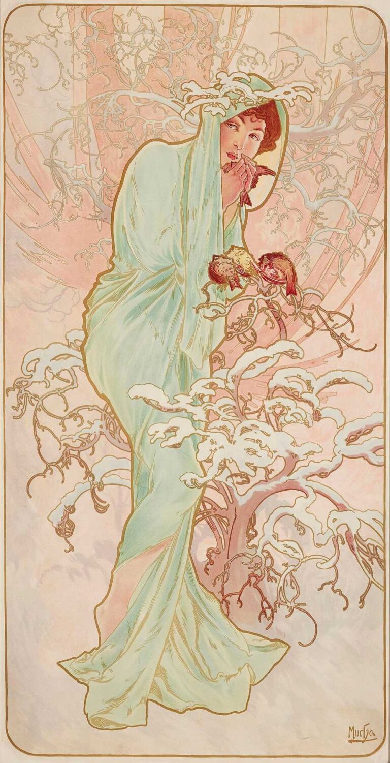 Art Nouveau lithograph showing a young woman in a flowing pale green gown standing amid stylized vines and blossoming flowers, her golden hair and drapery forming graceful whiplash curves against a warm cream background.