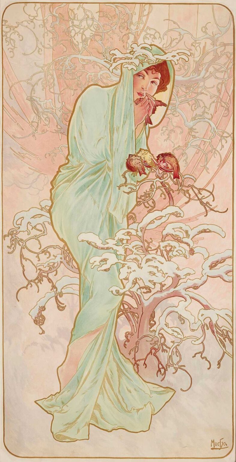 Art Nouveau lithograph showing a young woman in a flowing pale green gown standing amid stylized vines and blossoming flowers, her golden hair and drapery forming graceful whiplash curves against a warm cream background.