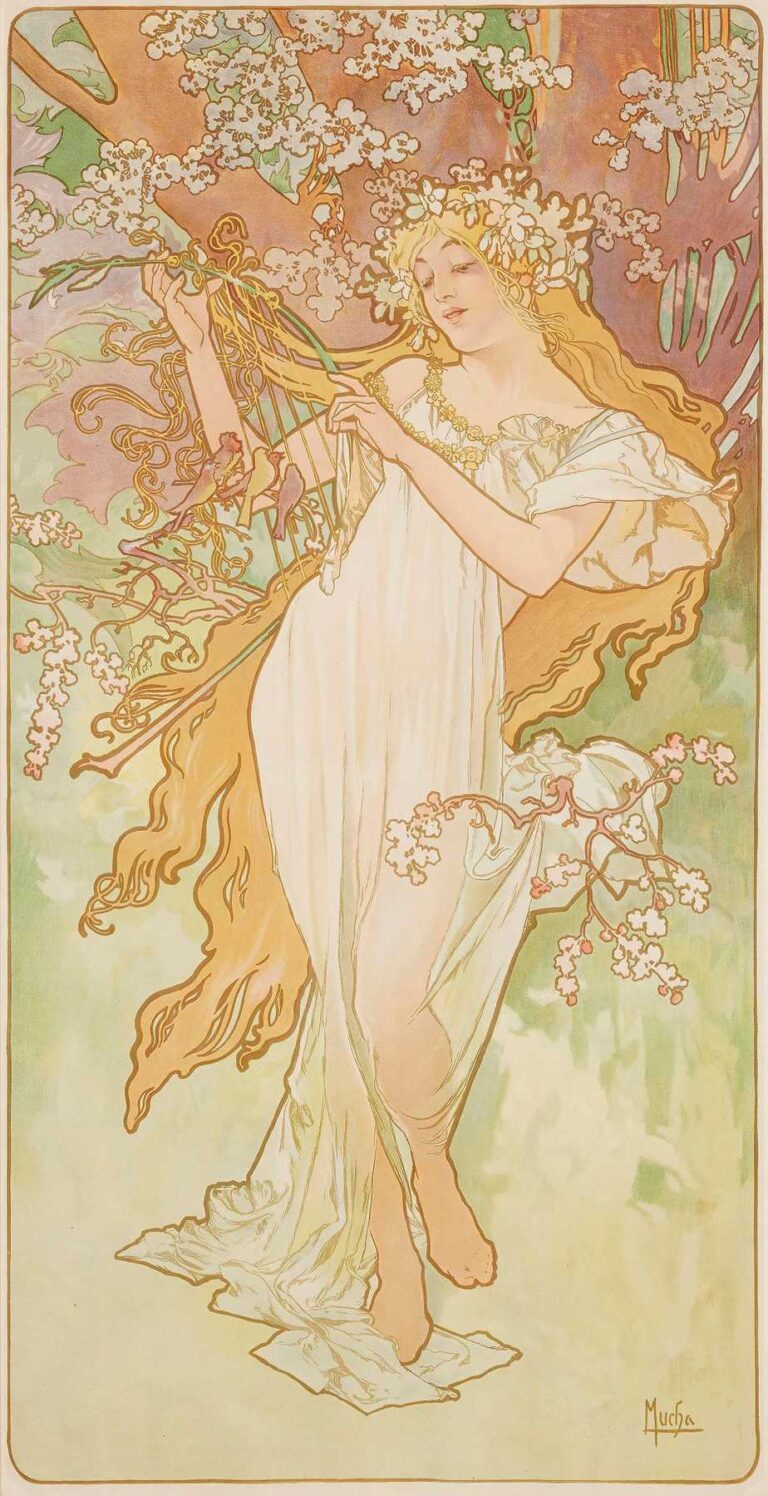 Art Nouveau lithograph showing a standing young woman in a flowing white dress and blossom wreath, gently plucking a small harp under flowering branches with stylized swirling foliage in the background.
