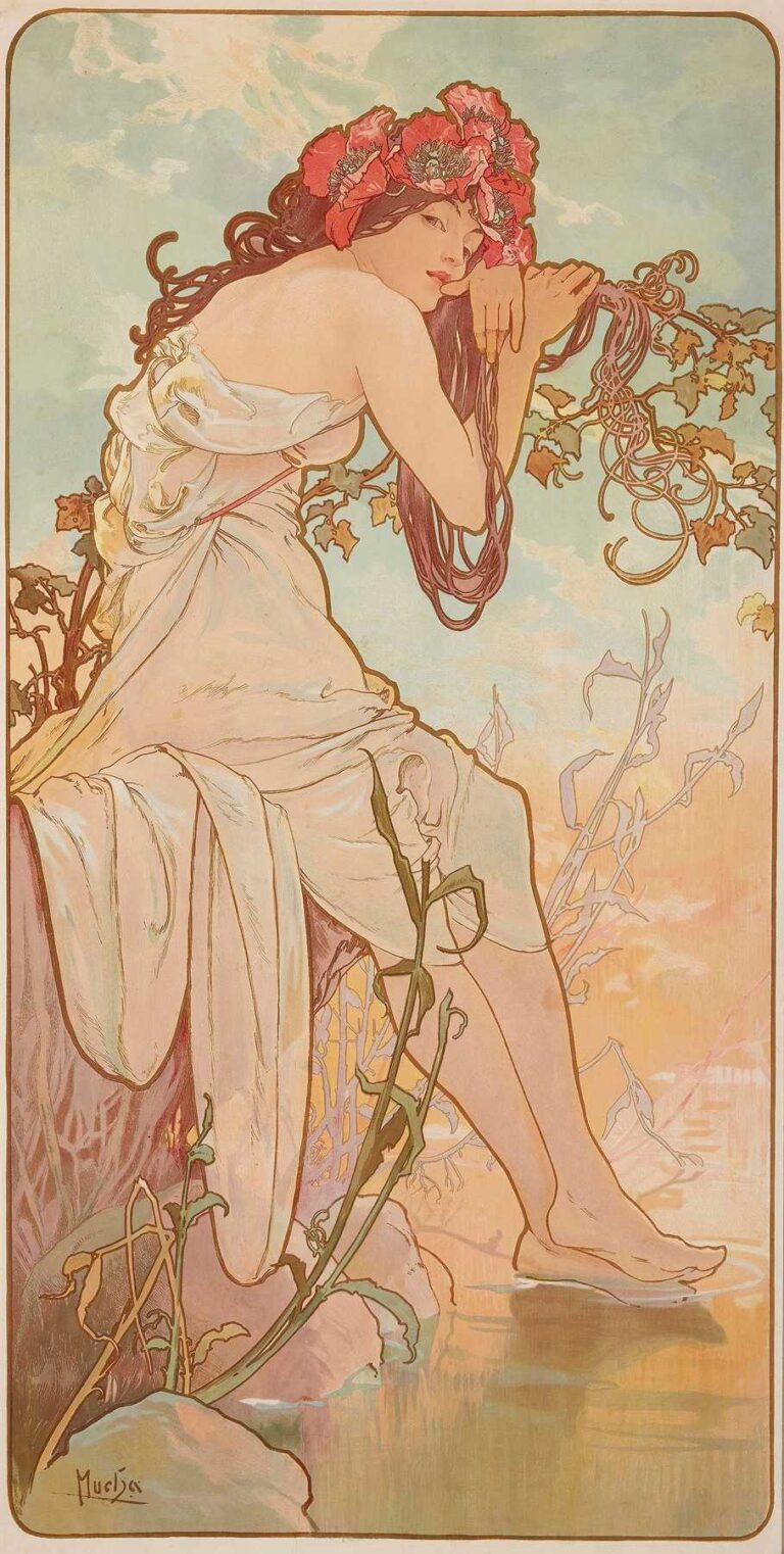Art Nouveau poster showing a young woman draped in a white gown and wearing a wreath of red poppies, seated on a rock with her bare feet touching a calm pool, framed by tall reeds and a pale pastel sky.