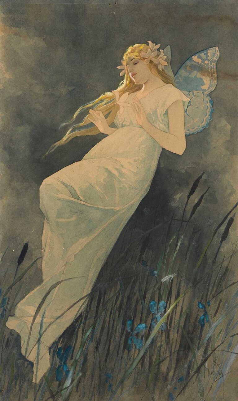 Art Nouveau illustration of a pale‐gowned fairy with light blue butterfly wings and a wreath of white flowers, gently holding iris blooms among tall grasses against a dusky sky.