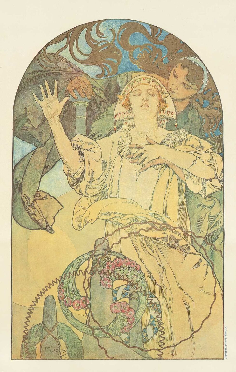 Art Nouveau poster featuring a graceful woman in diaphanous robes, her flowing sleeves and hair transforming into curling ribbon-shaped sound waves around a lyre and horn, with the title “De Forest Phonofilm” above.